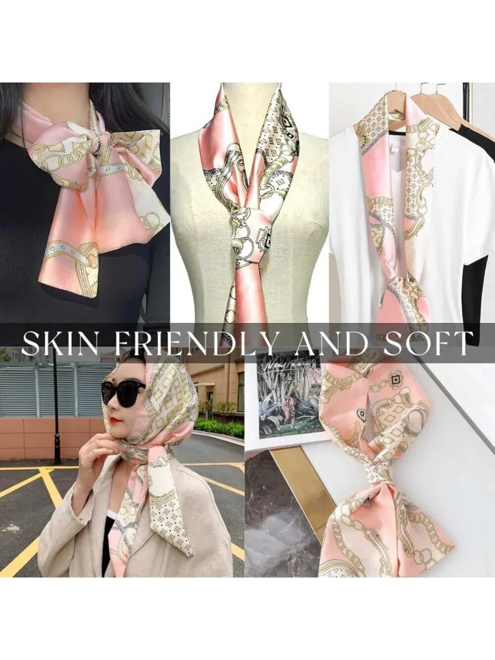 Women's Pink Plaid Stylish Silky Satin Headscarf Wrap Lightweight Scarves Scarf